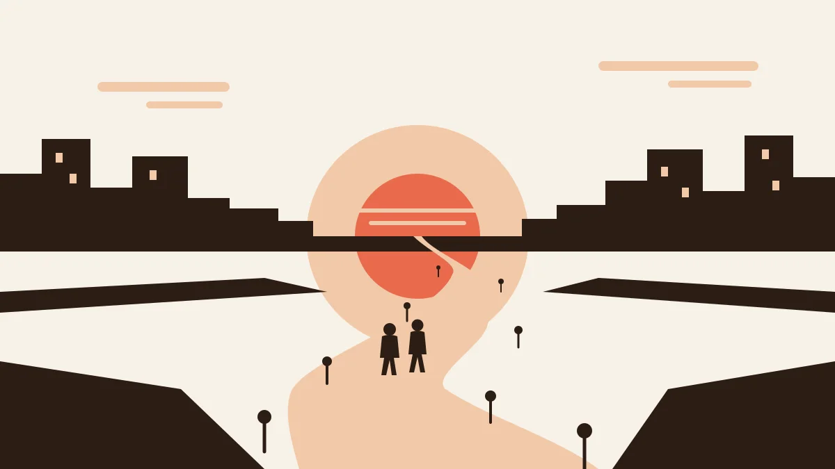 cheap date night - two silhouettes on a city walk toward a coral sunset