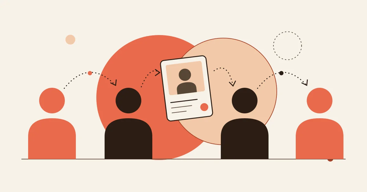 Duotone illustration of a dating profile card passed hand-to-hand through a circle of friends — dating through people instead of swiping