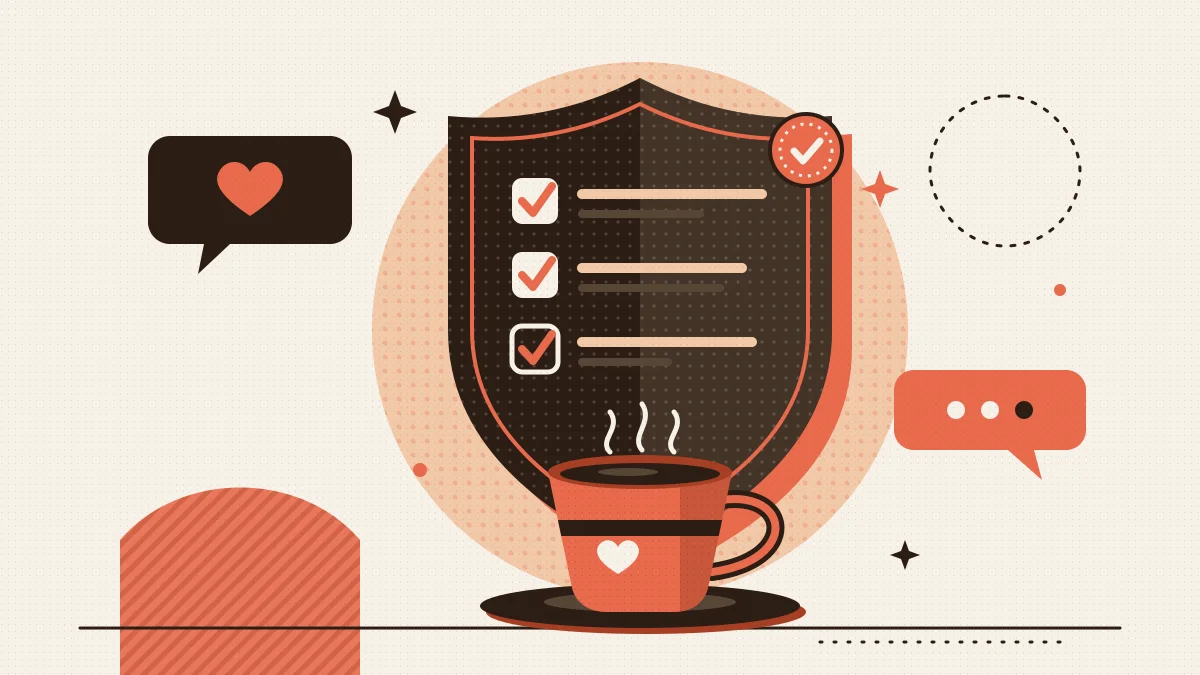 Duotone illustration of a shield with a safety checklist protecting a first-date coffee cup — dating safety checks before meeting someone from a dating app